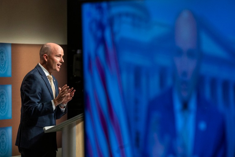 Utah Gov. Spencer Cox speaks at his monthly news conference held at the Eccles Broadcast Center in Salt Lake City, Thursday, Sept. 19, 2024.