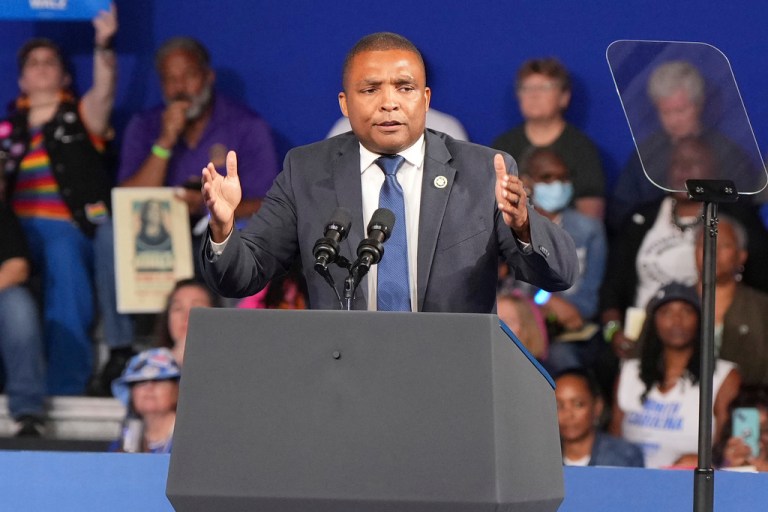Rep. Don Davis (D-NC) speaks at a campaign event.