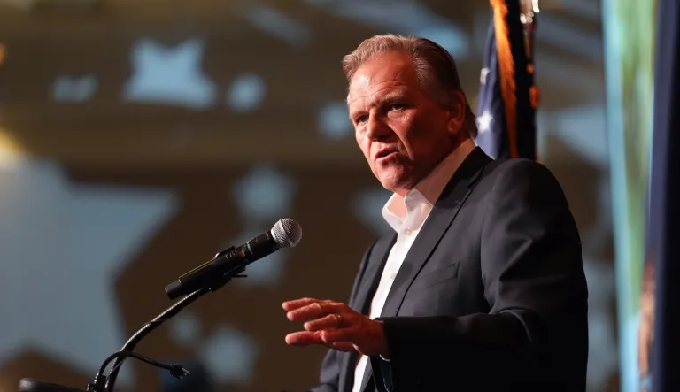 Republican Michigan Senate candidate Mike Rogers speaks during an election night watch party, Tuesday, Nov. 5, 2024, at Suburban Showplace Collection in Novi, Mich.