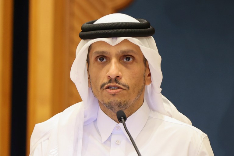Mohammed Bin Abdulrahman Al Thani speaks at a joint press conference with the U.S. secretary of state in Doha, Qatar, June 12, 2024.