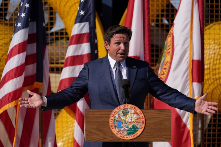 Florida Gov. Ron DeSantis speaks about plans to lower insurance prices in the state, during a press conference at Florida International University's Wall of Wind, an experimental facility focused on wind engineering research, Wednesday, Feb. 5, 2025, in Miami.