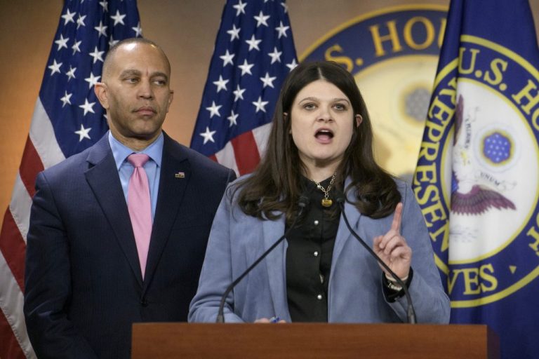 Rep. Haley Stevens, D-Mich., joined by House Minority Leader Hakeem Jeffries, D-N.Y., speaks during a press conference regarding the Taxpayer Date Protection Act, on Capitol Hill, Thursday, Feb. 6, 2025, in Washington. (AP Photo/Rod Lamkey, Jr.)