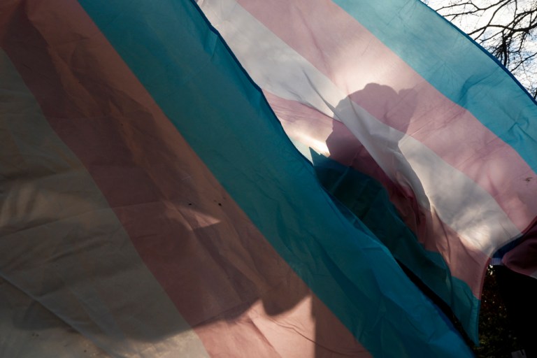 A protester is silhouetted against a transgender pride flag.