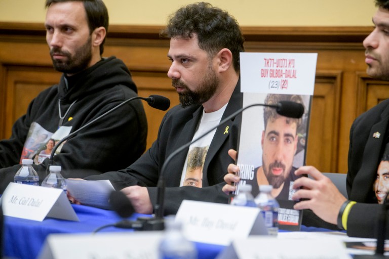 Gal Dalal, center, talks about his brother Guy Gilboa-Galal, who is currently held hostage by Hamas during a House Committee on Foreign Affairs bipartisan roundtable discussion with family members of the Americans held hostage by Hamas, on Capitol Hill, Wednesday, Feb. 12, 2025, in Washington.