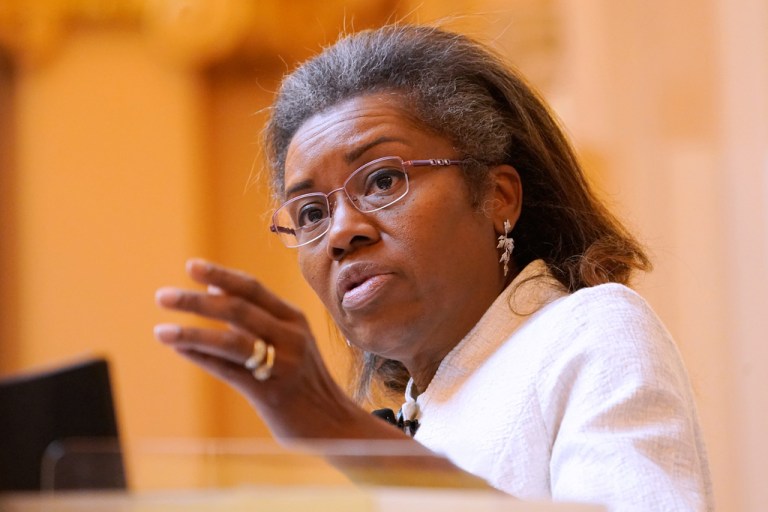 FILE - Virginia Lt. Gov. Winsome Earle-Sears gestures as she presides over the Senate during the session at the state Capitol on Feb. 8, 2022, in Richmond, Va. (AP Photo/Steve Helber, File)
