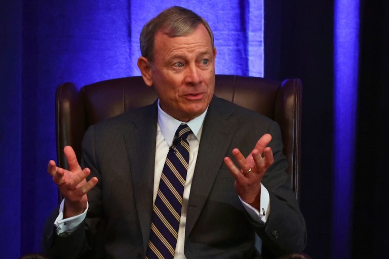 Chief Justice John Roberts speaks during a fireside chat at the 125th anniversary celebration of the United States District court for the Western District of New York, Wednesday, May 7, 2025, in Buffalo, N.Y. (AP Photo/Jeffrey T. Barnes)