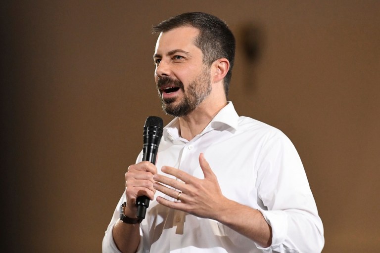 Former U.S. Secretary of Transportation Pete Buttigieg speaks during a VoteVets Town Hall, Tuesday, May 13, 2025, in Cedar Rapids, Iowa.