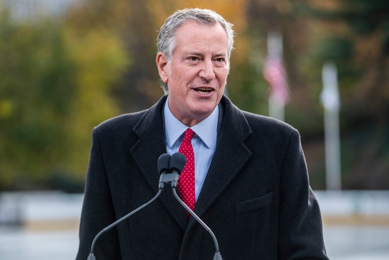 New York City Mayor Bill de Blasio speaks at the opening of New York's Wollman Rink in Central Park, Nov. 14, 2021.