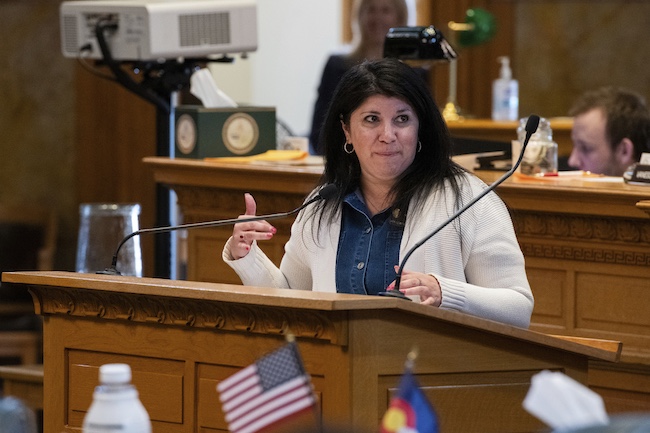 Colorado House Minority Leader Rose Pugliese (R) speaks at the state Capitol.