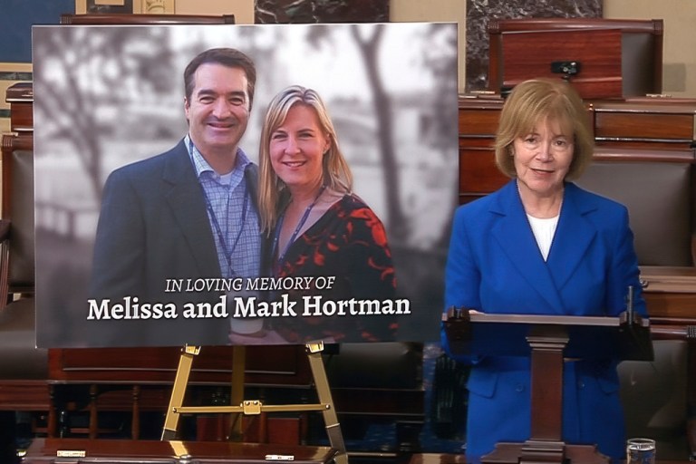 Tina Smith honors Melissa Hortman and her husband on the Senate floor after their deaths.