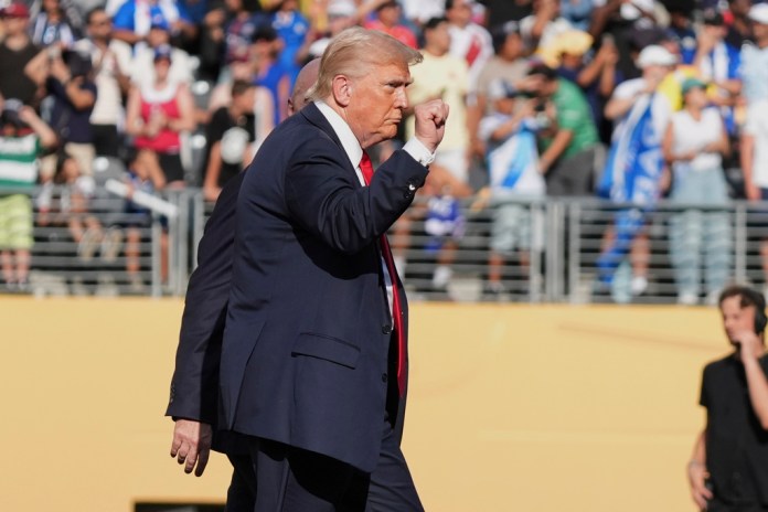 President Donald Trump departs after the Club World Cup final soccer match at MetLife Stadium.