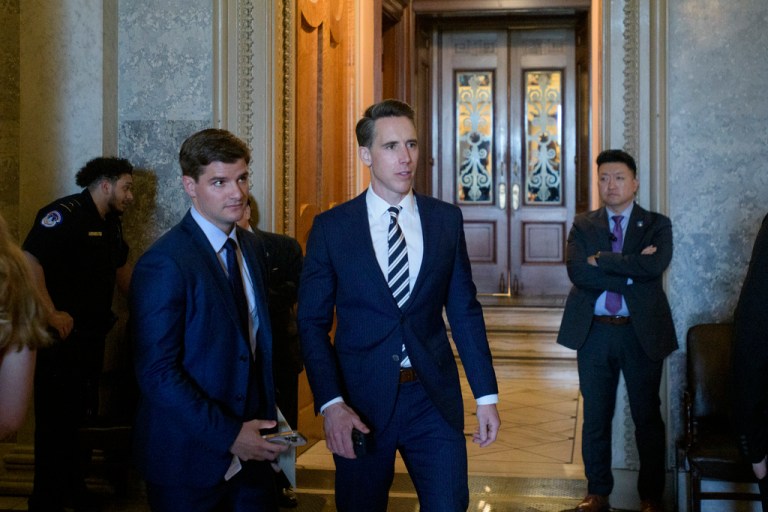 Sen. Josh Hawley (R-MO) walks from the Senate chamber as Senate Republicans vote on President Donald Trump's request to cancel about $9 billion in foreign aid and public broadcasting spending on Wednesday, July 16, 2025, at the Capitol in Washington.