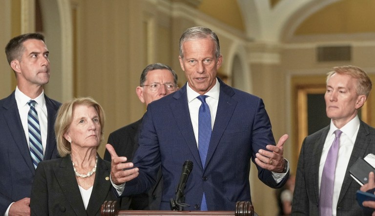 Sen. Majority Leader John Thune (R-SD) speaks during a news conference.