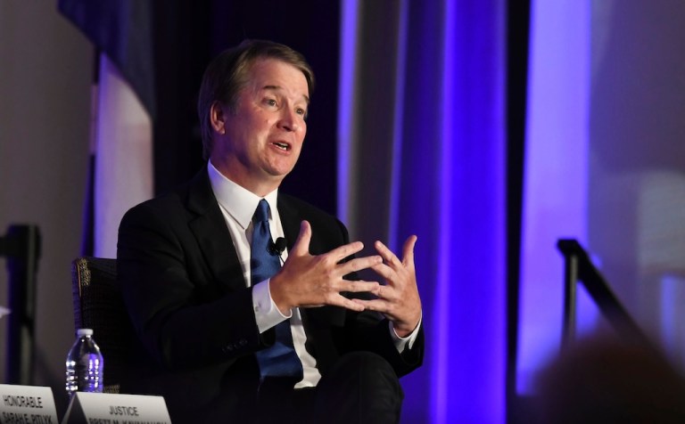 Justice Brett Kavanaugh speaks at a panel at the Eighth Circuit Court Judicial Conference on Thursday, July 31, 2025, in Kansas City, Missouri. (AP Photo/Nick Ingram)
