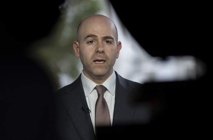 Stephen Miran, chairman of the Council of Economic Advisors and President Donald Trump's pick to serve on the Federal Reserve, speaks during a television interview at the White House.