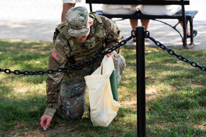 A member of the District of Columbia National Guard picks up trash on the National Mall, Saturday, Aug. 16, 2025, in Washington. (AP Photo/Julia Demaree Nikhinson)