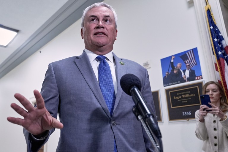 House Oversight Committee Chairman James Comer (R-KY) speaks to reporters as he arrives for a deposition with former Attorney General Bill Barr, on Monday, Aug 18, 2025, on Capitol Hill in Washington.