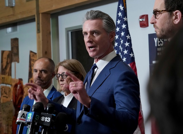 Gov. Gavin Newsom (D-CA) speaks after signing legislation calling for a special election on a redrawn congressional map on Thursday, Aug. 21, 2025, in Sacramento, California.