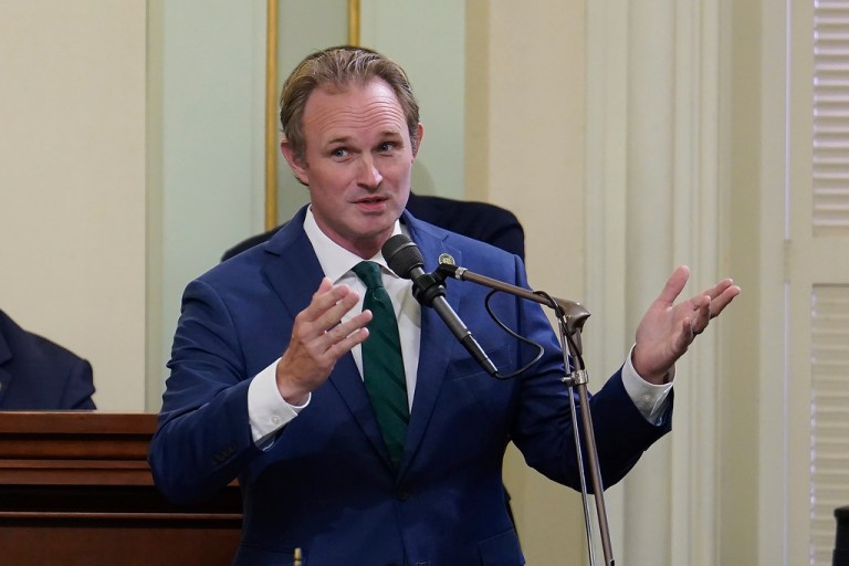 Republican Assembly Leader James Gallagher urges lawmakers to reject a package of measures to redraw the state's Congressional districts and put new maps before voters in a special election, during the Assembly session at the Capitol in Sacramento, Calif., Thursday, Aug. 21, 2025.