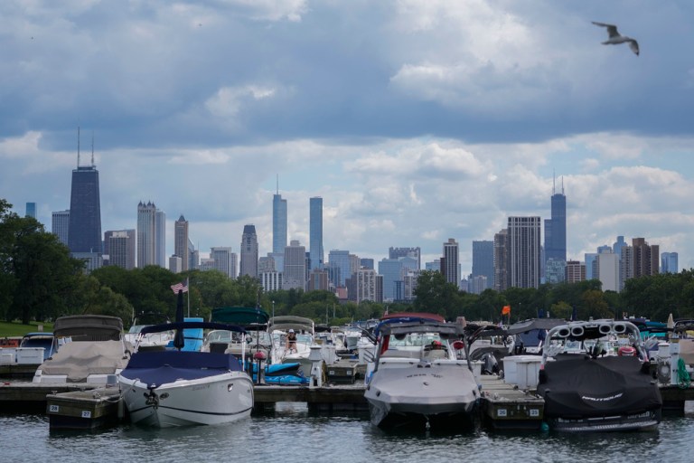 The Chicago city skyline is seen from Diversey Harbor