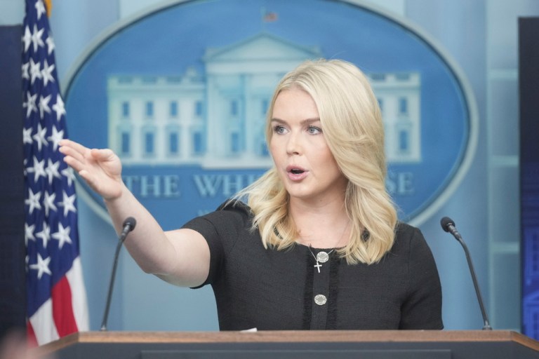 Karoline Leavitt calls on a reporter at a White House press briefing.