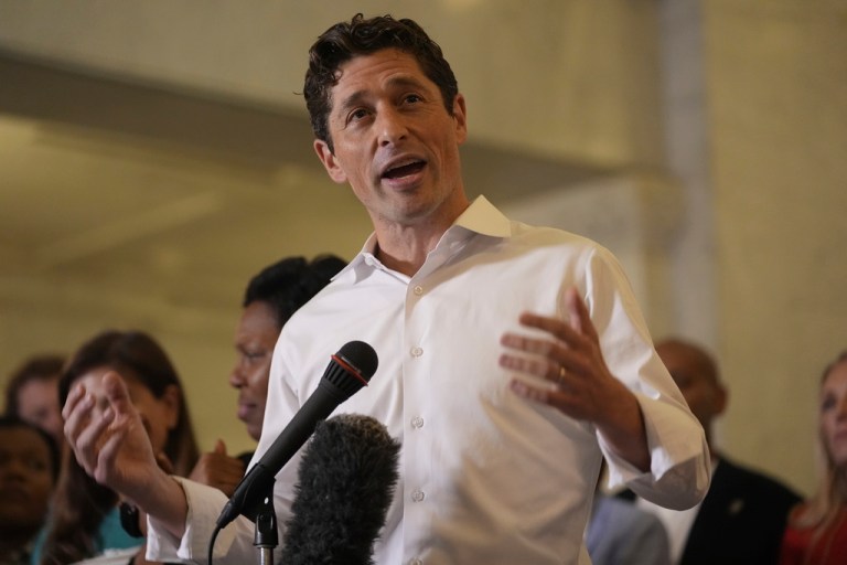 Minneapolis Mayor Jacob Frey speaks during a news conference in Minneapolis City Hall.