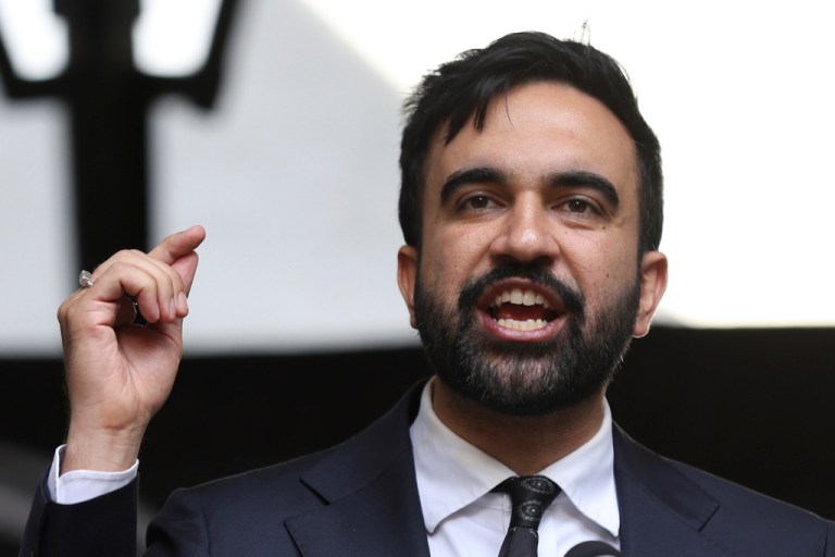 New York City Democratic mayoral candidate Zohran Mamdani speaks on stage for the March on Wall Street, Thursday, Aug. 28, 2025, in New York.