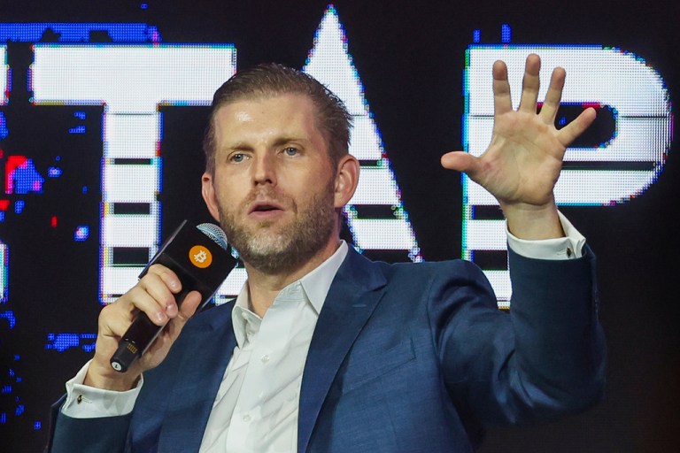 Eric Trump, Executive Vice President of the Trump Organization and son of United States President Donald Trump, speaks during the Bitcoin Asia 2025, at the Hong Kong Exhibition Centre in Hong Kong, on Friday, Aug. 29, 2025.