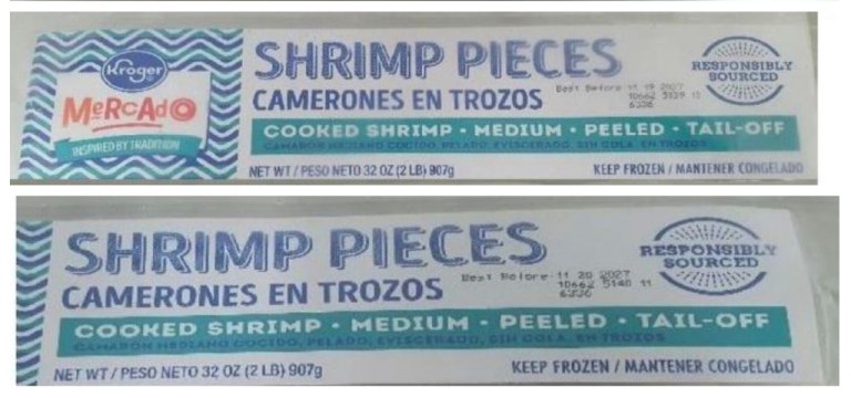 This combination of photos provided by the U.S. Food and Drug Administration on Thursday, Aug. 28, 2025, shows labels for Kroger Mercado Cooked Medium Peeled Tail-Off Shrimp recalled by AquaStar USA Corp. of Seattle. (FDA via AP)