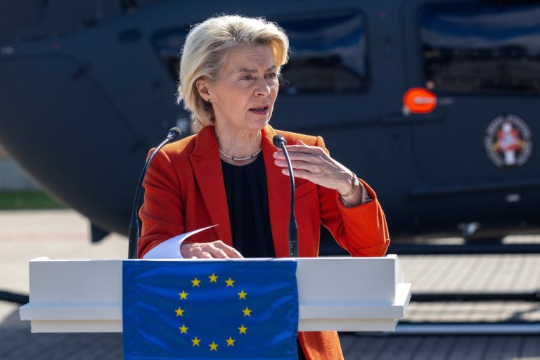 President of European Commission Ursula von der Leyen speaks during a joint press conference with Lithuania's President Gitanas Nauseda at the Border Guard School near Lithuanian-Belarusian border, near the village Medininkai, east of the capital Vilnius, Lithuania, Monday, Sept. 1, 2025. (AP Photo/Mindaugas Kulbis)