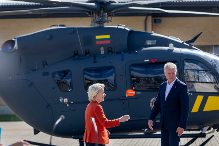 European Commission President Ursula von der Leyen, left, and Lithuanian President Gitanas Nauseda leave after their joint press conference on Monday, Sept. 1, 2025, at the Border Guard School near the Lithuania-Belarus border, near the village Medininkai, east of the capital Vilnius, Lithuania.