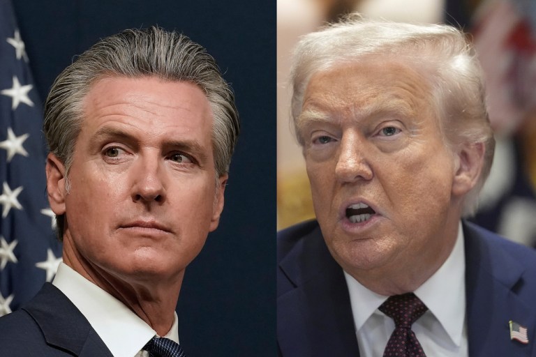 President Donald Trump, right, speaks during a cabinet meeting, Aug. 26, 2025, at the White House in Washington and California Gov. Gavin Newsom is seen at a press conference in Sacramento, Calif., Aug. 21, 2025.