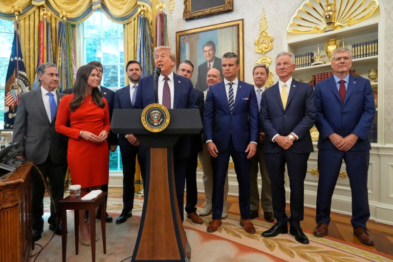 President Donald Trump speaks about the relocation of U.S. Space Command headquarters from Colorado to Alabama in the Oval Office of the White House, Tuesday, Sept. 2, 2025, in Washington.
