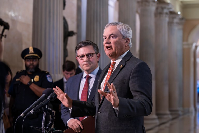 Speaker of the House Mike Johnson, R-La., center left, and House Oversight Committee Chairman James Comer, R-Ky., talk to reporters after a closed-door meeting with victims in the Jeffrey Epstein sex trafficking case investigation, at the Capitol in Washington, Tuesday, Sept. 2, 2025.