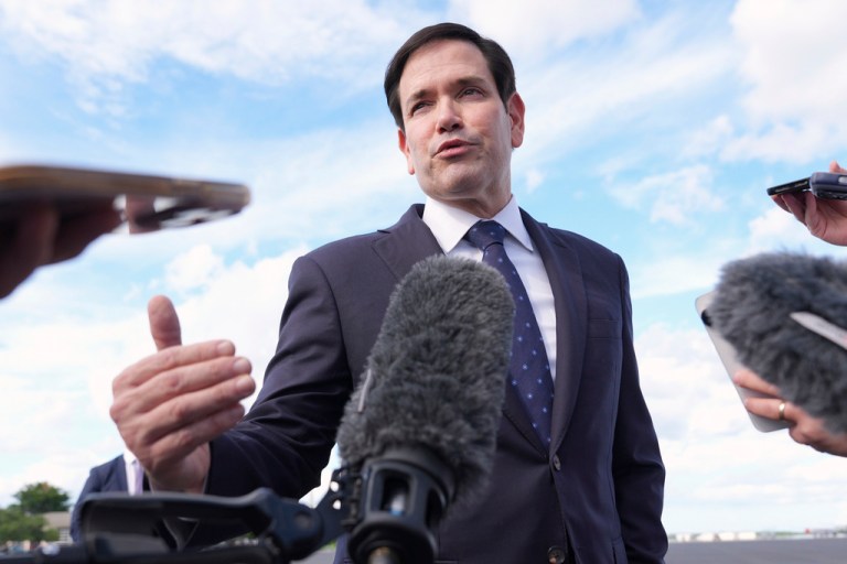 Secretary of State Marco Rubio speaks to reporters on Tuesday, Sept. 2, 2025, before boarding his plane at Homestead Air Reserve Base in Homestead, Florida, en route to Mexico City.