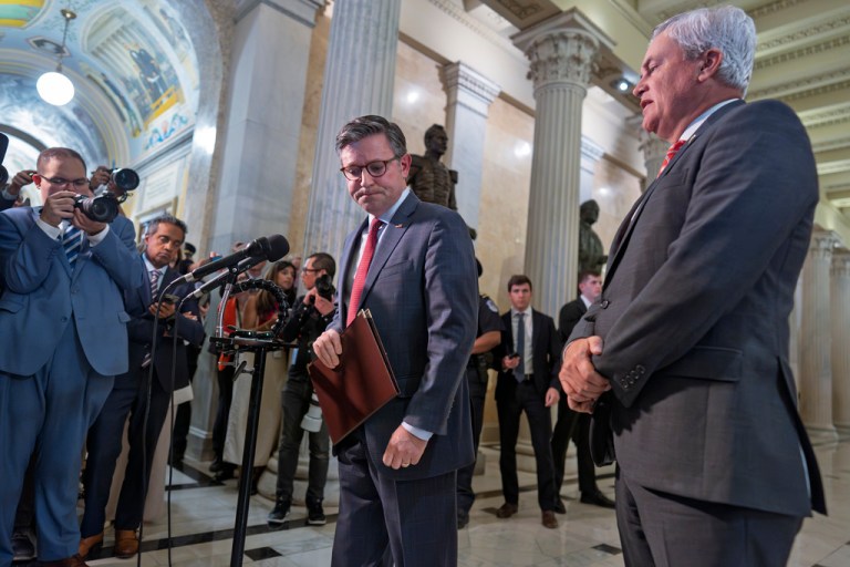 House Speaker Mike Johnson (R-LA) and House Oversight Committee Chairman James Comer (R-KY) talk to reporters.