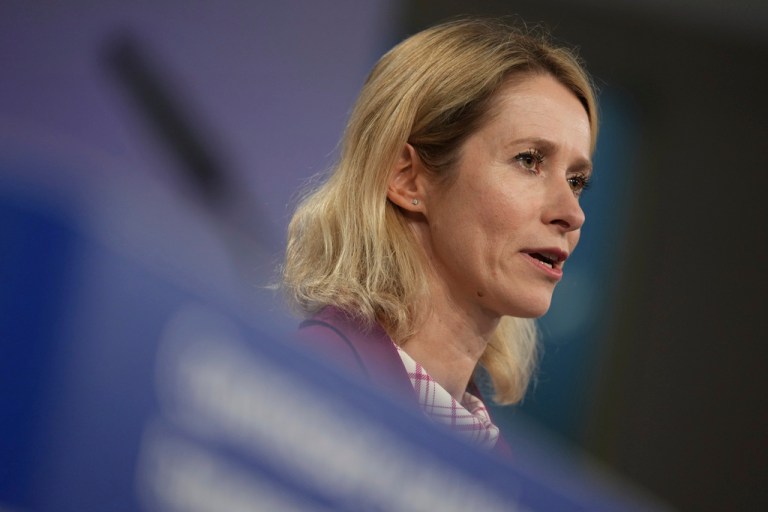 EU official Kaja Kallas speaks at a press conference.