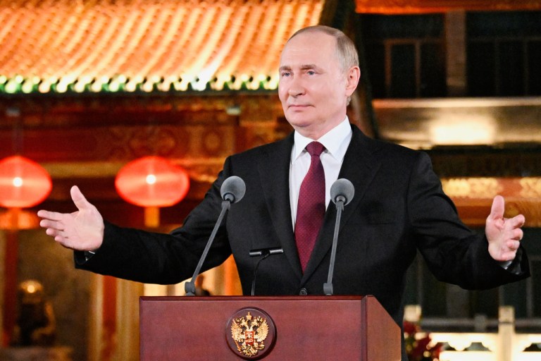Russian President Vladimir Putin gestures during a press conference, at the end of his visit to China for the Tianjin SCO Summit and the military parade to mark the 80th anniversary of the end of World War Two, in Beijing, China, Wednesday, Sept. 3, 2025.