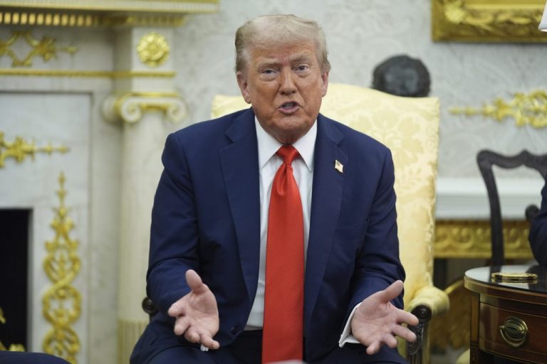 President Donald Trump speaks during a meeting with Polish President Karol Nawrocki.