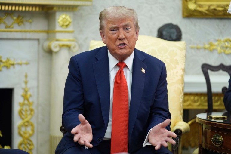 President Donald Trump speaks during a meeting with Polish President Karol Nawrocki.