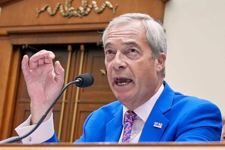 Nigel Farage, a member of British parliament, testifies during a House Judiciary Committee hearing to examine European threats to American free speech and innovation, on Capitol Hill Wednesday, Sept. 3, 2025, in Washington. (AP Photo/Mariam Zuhaib)