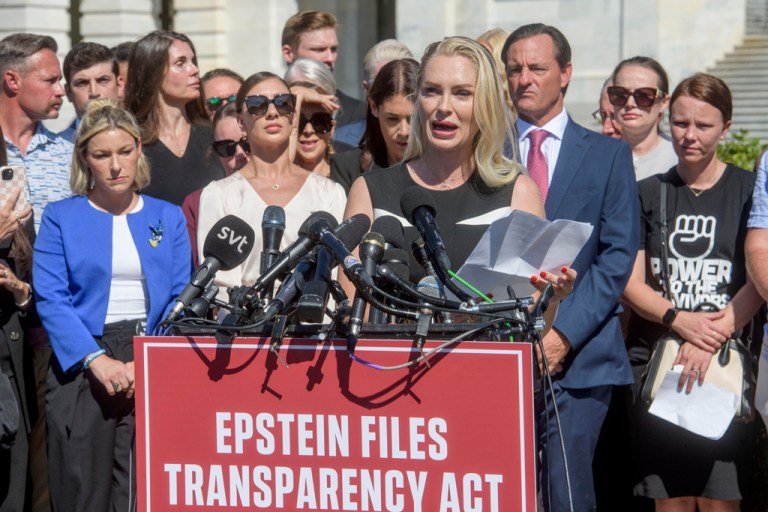 Anouska De Georgiou speaks during a news conference regarding the release of the Jeffrey Epstein files, on Capitol Hill, Wednesday, Sept. 3, 2025, in Washington.