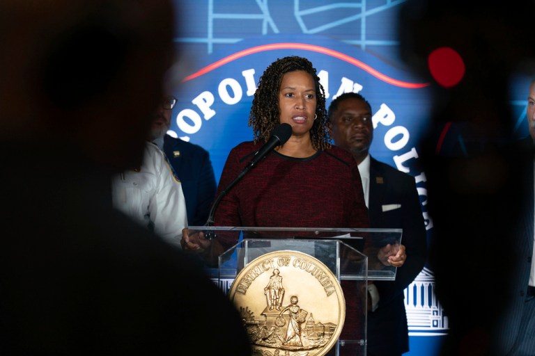 District of Columbia Mayor Muriel Bowser speaks during a news conference at Metropolitan Police Department Headquarters in Washington.