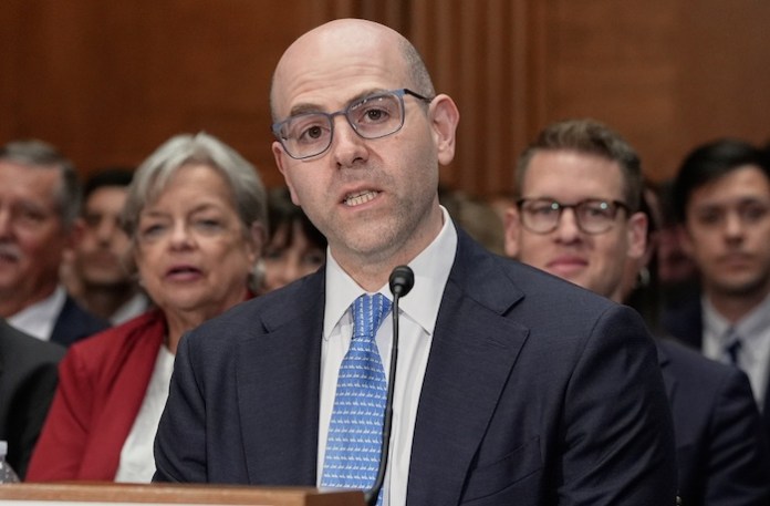 Stephen Miran testifies during a Senate Banking Committee hearing on his nomination to be a member of the Board of Governors of the Federal Reserve System, on Capitol Hill Thursday, Sept. 4, 2025, in Washington.
