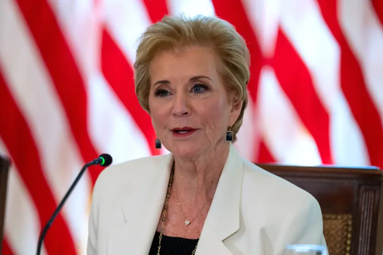 Education Secretary Linda McMahon speaks during a meeting of the White House Task Force on Artificial Intelligence Education on Thursday, Sept. 4, 2025, in the East Room of the White House in Washington.