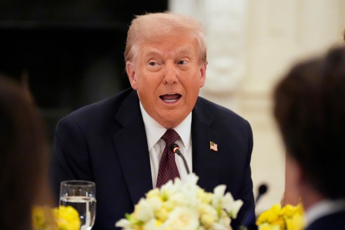 President Donald Trump speaks during a dinner in the State Dining Room of the White House, Thursday, Sept. 4, 2025, in Washington.