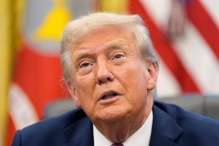 President Donald Trump speaks in the Oval Office.