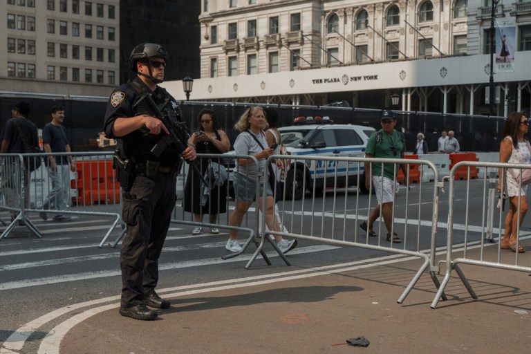 NYPD stands guard during the annual Labor Day parade on Saturday Sept. 6, 2025, in New York.