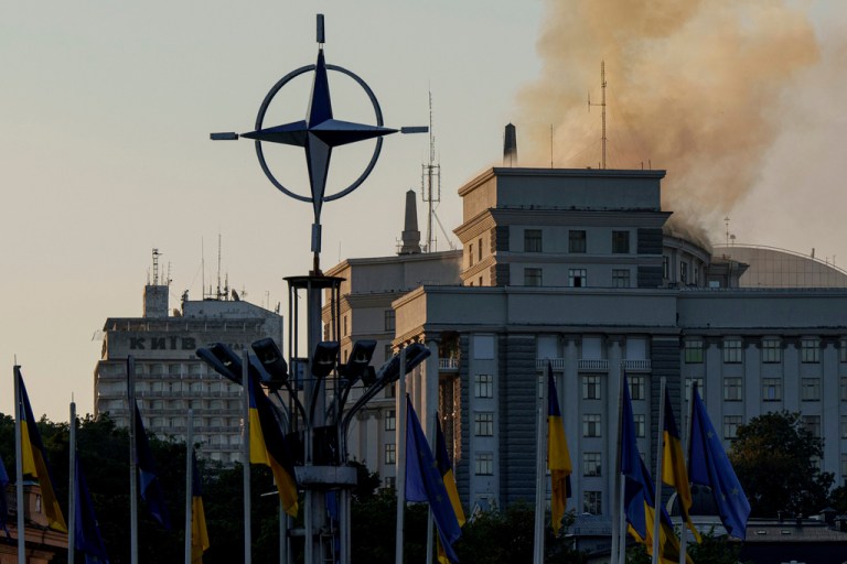 Smoke rising from Cabinet of Ministers building in Kyiv, Ukraine.