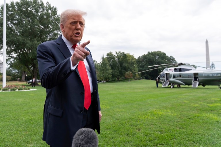 President Donald Trump speaks to reporters.